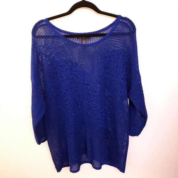 INC Linen Blend Royal Blue Open Weave 3/4th Sleeve Sweater Size 2X EUC - Picture 1 of 7